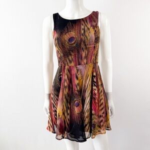 Love Fire Peacock Mini Dress Size S Boat Neck Sleeveless Chiffon Feather Print